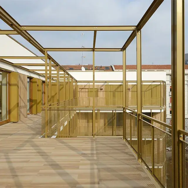 The golden expanded mesh parapet on the large terrace